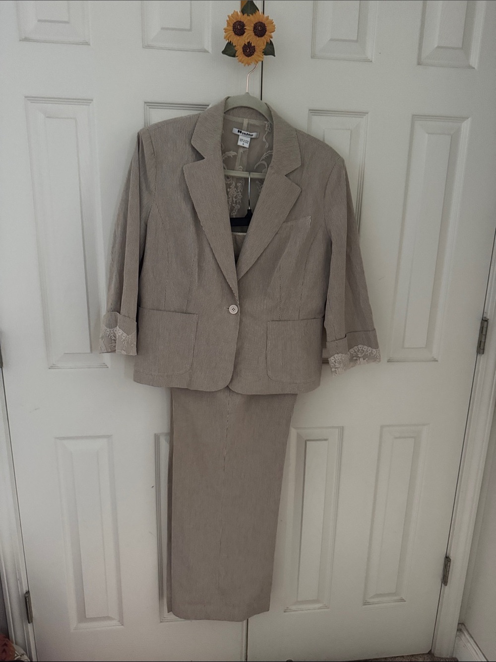 Vintage brown and taupe Women's Lace-Trim Pantsuit- pants flat front.